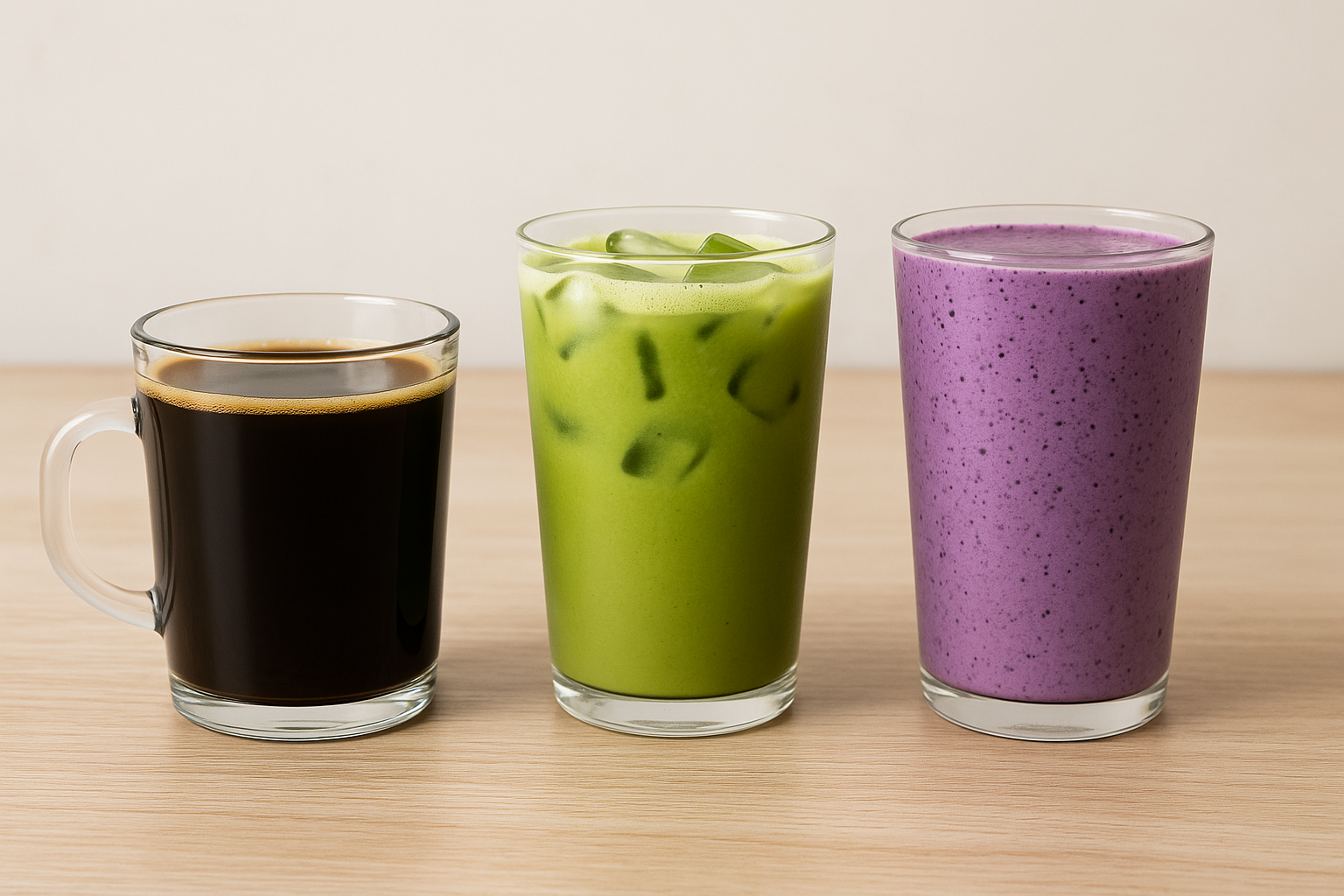 A black coffee, an iced matcha latte, and a blueberry smoothie arranged in clear and matte glassware on a white marble kitchen countertop, with soft natural lighting highlighting their vibrant colors and textures.