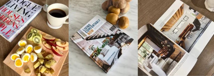 Modern coffee table books styled on marble surface