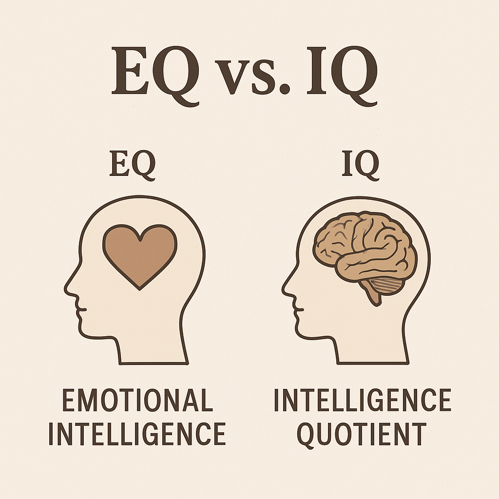 Illustration comparing emotional intelligence (EQ) with logical intelligence (IQ), showing a heart and brain inside human profiles.