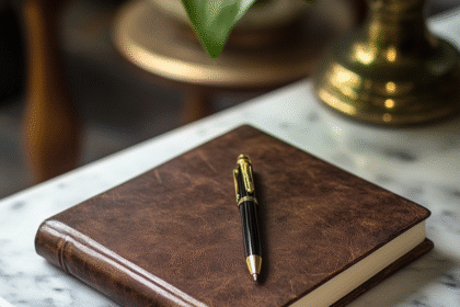 Elegant leather journal with a black and gold pen on a marble surface — a minimalist productivity setup for entrepreneurs.