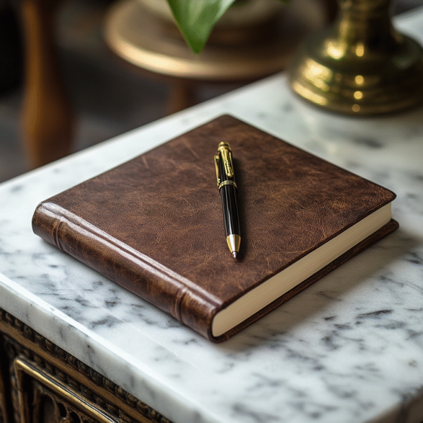 Elegant leather journal with a black and gold pen on a marble surface — a minimalist productivity setup for entrepreneurs.