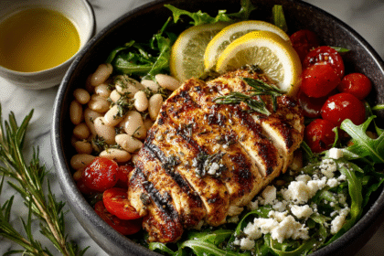 Grilled chicken salad bowl with white beans, arugula, cherry tomatoes, feta, and lemon slices
