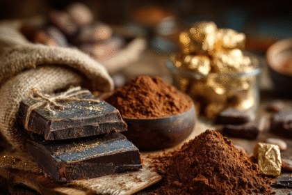 Dark chocolate bars and cacao powder on a rustic wooden table, rich in antioxidants