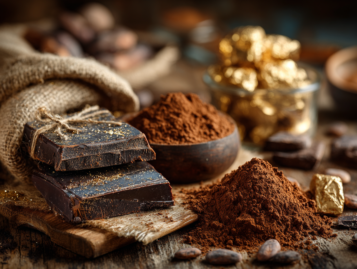 Dark chocolate bars and cacao powder on a rustic wooden table, rich in antioxidants
