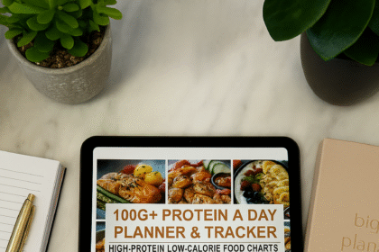 Digital tablet displaying a 100g+ protein a day planner and tracker with colorful meal photos and tracking details for protein, calories, and activity.