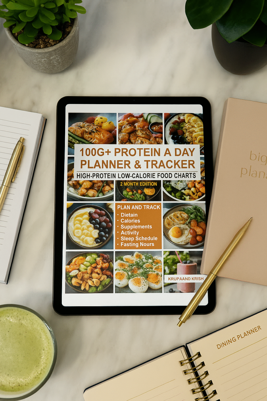 Digital tablet displaying a 100g+ protein a day planner and tracker with colorful meal photos and tracking details for protein, calories, and activity.
