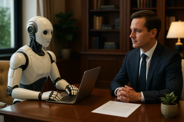 AI robot interviewing a human professional in a modern, elegantly decorated office—symbolizing the future of job screening and digital presence in the AI era.