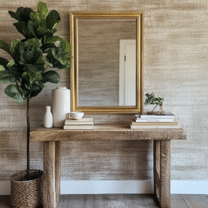 Elegant entryway with a gold-framed mirror, wooden console table, indoor plant, and minimalist decor, demonstrating Feng Shui balance and harmony.