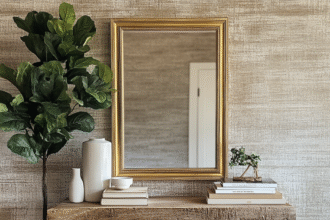 Elegant entryway with a gold-framed mirror, wooden console table, indoor plant, and minimalist decor, demonstrating Feng Shui balance and harmony.
