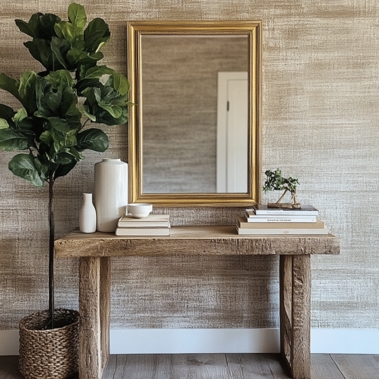 Elegant entryway with a gold-framed mirror, wooden console table, indoor plant, and minimalist decor, demonstrating Feng Shui balance and harmony.