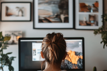 Back view of a graphic designer planning digital product ideas at a stylish workspace with a computer, mockups, and creative tools on the desk.