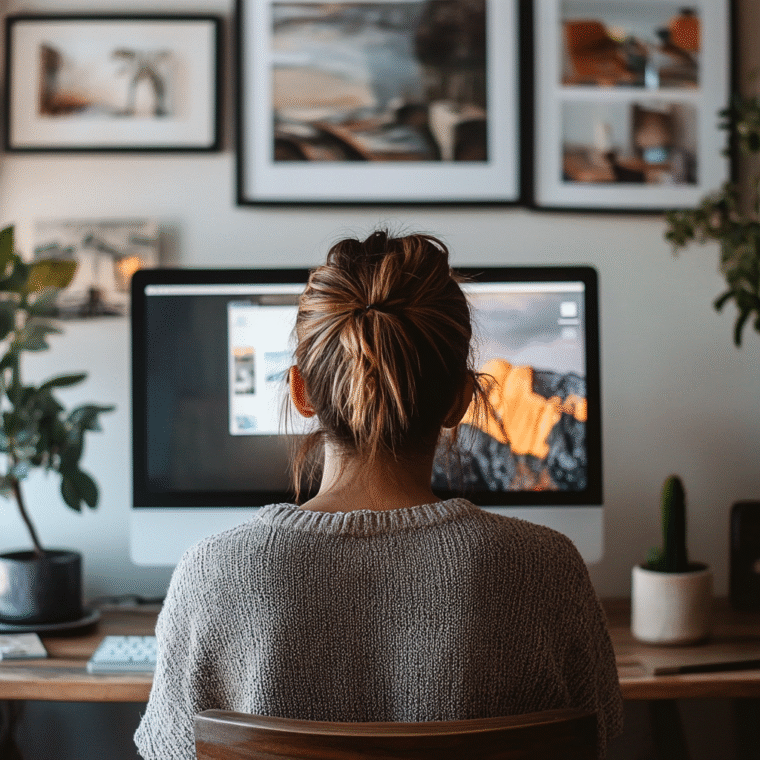 Back view of a graphic designer planning digital product ideas at a stylish workspace with a computer, mockups, and creative tools on the desk.