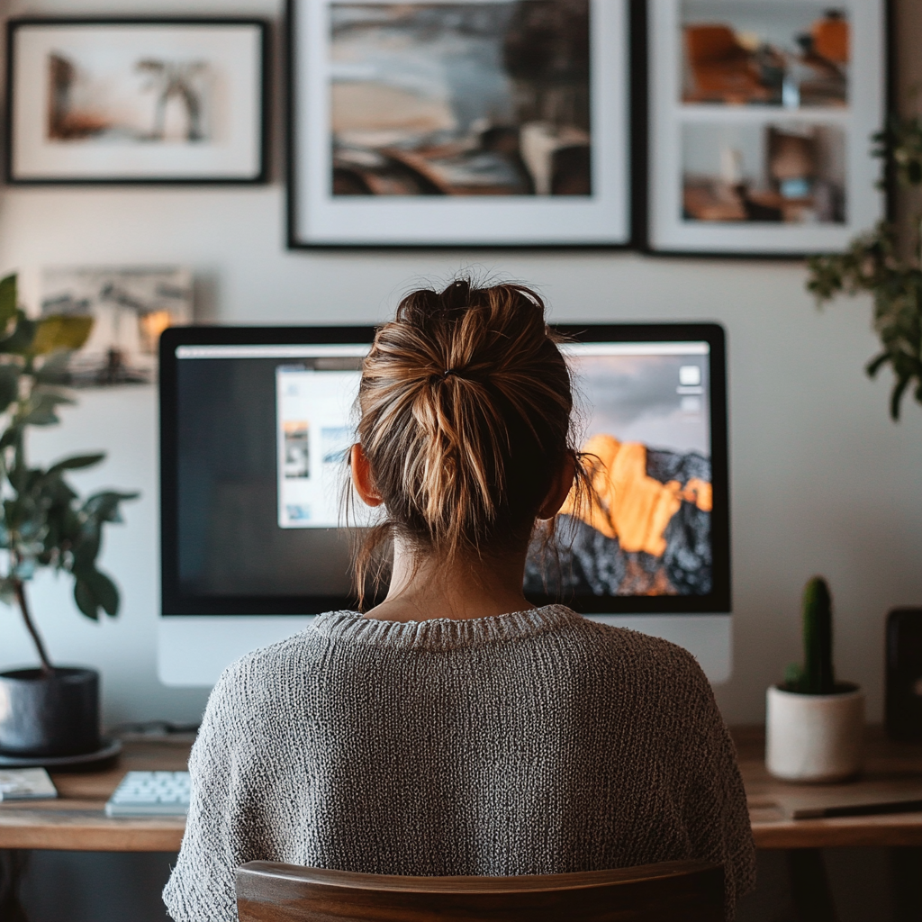 Back view of a graphic designer planning digital product ideas at a stylish workspace with a computer, mockups, and creative tools on the desk.