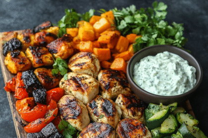 Greek charcuterie board with grilled chicken, sweet potatoes, zucchini, red peppers, and yogurt dip