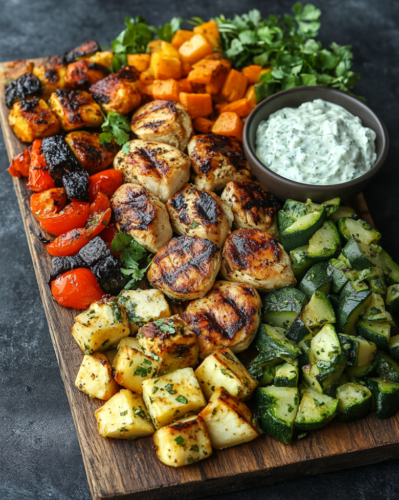 Greek charcuterie board with grilled chicken, sweet potatoes, zucchini, red peppers, and yogurt dip