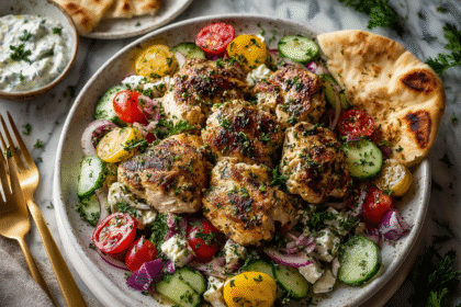 Greek chicken breast slices with cucumber, tomato, and red onion salad served with tzatziki