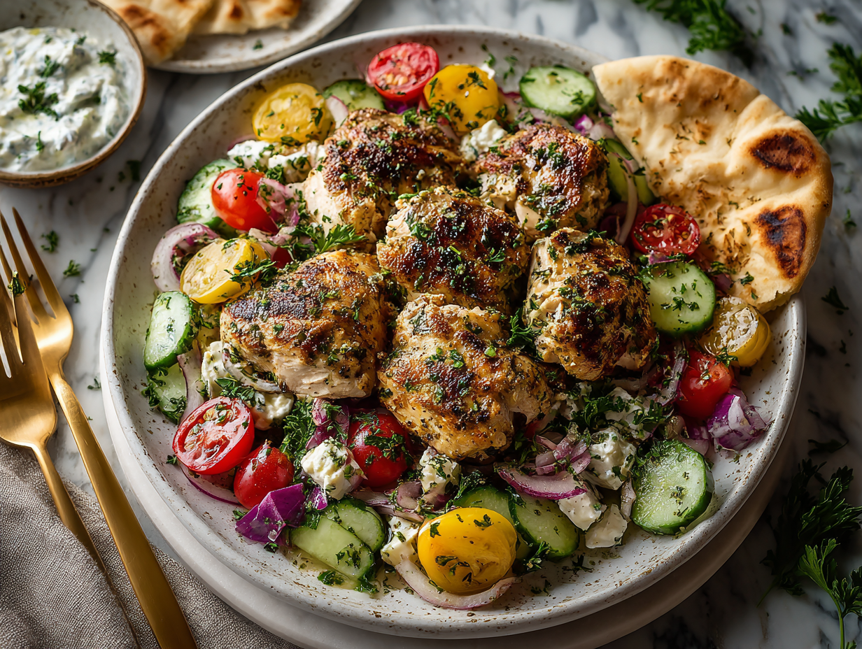 Greek chicken breast slices with cucumber, tomato, and red onion salad served with tzatziki