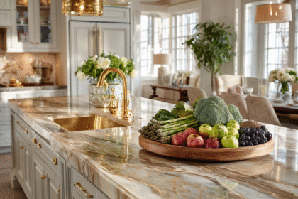 A wooden tray filled with fresh apples, broccoli, asparagus, and berries on a luxurious marble kitchen island