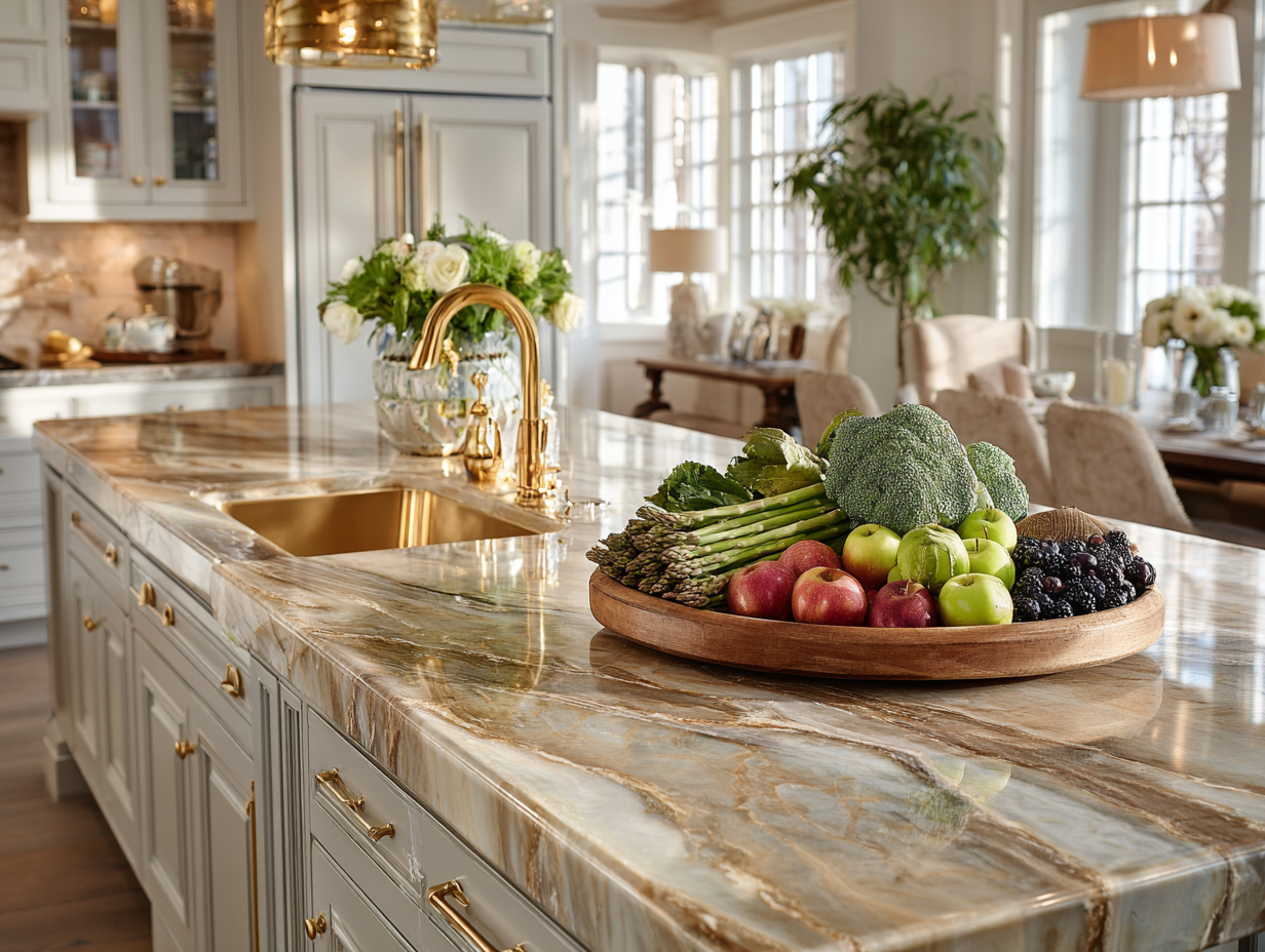 A wooden tray filled with fresh apples, broccoli, asparagus, and berries on a luxurious marble kitchen island