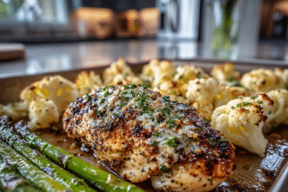 Roasted lemon-herb chicken breast with cauliflower florets and asparagus on a sheet pan