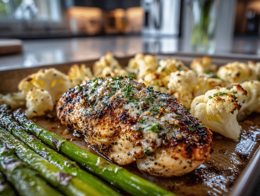 Roasted lemon-herb chicken breast with cauliflower florets and asparagus on a sheet pan