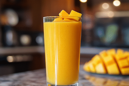 A tall glass of mango lassi smoothie topped with mango cubes, served on a marble counter in a warm kitchen setting