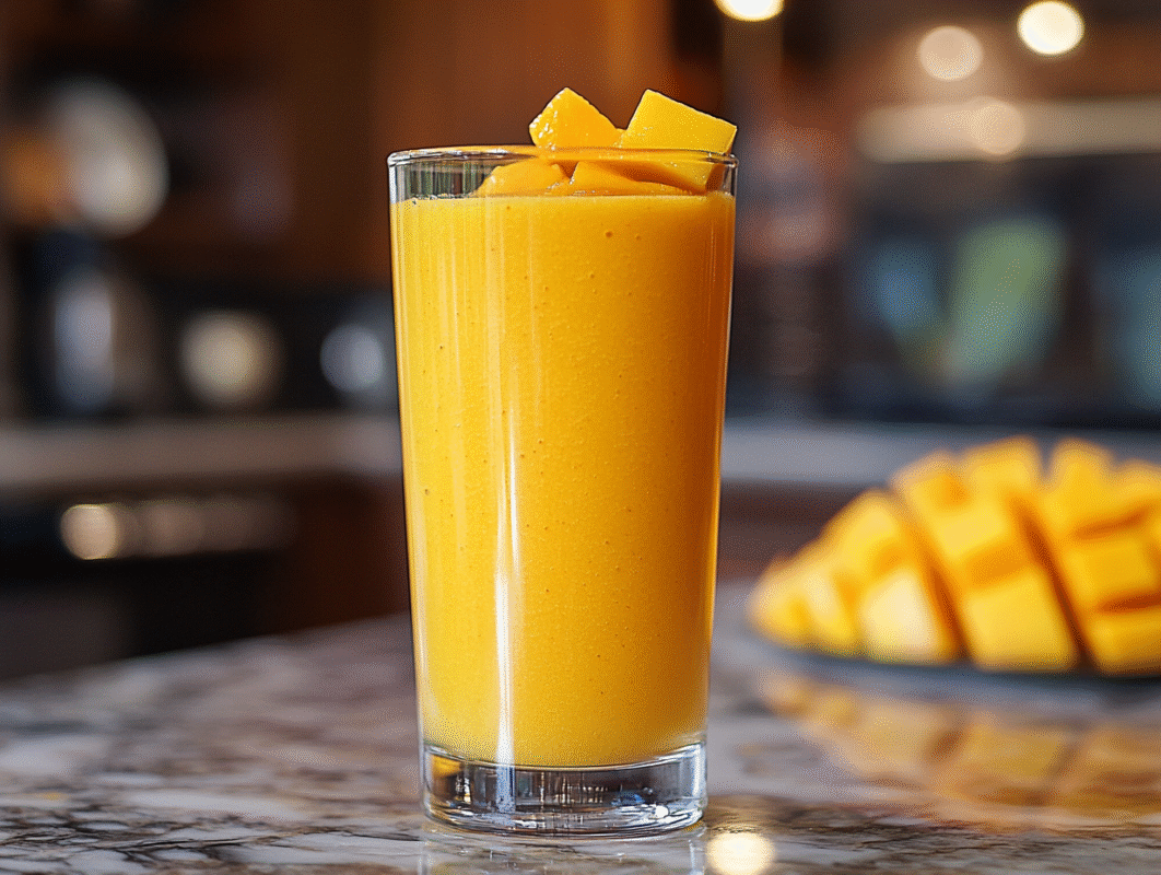 A tall glass of mango lassi smoothie topped with mango cubes, served on a marble counter in a warm kitchen setting