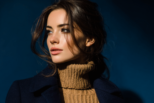Woman wearing navy coat and camel turtleneck, showcasing a classic navy and camel color combination