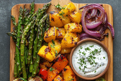 A wooden board topped with roasted Brussels sprouts, asparagus, bell peppers, red onion, and a bowl of yogurt dip garnished with herbs.