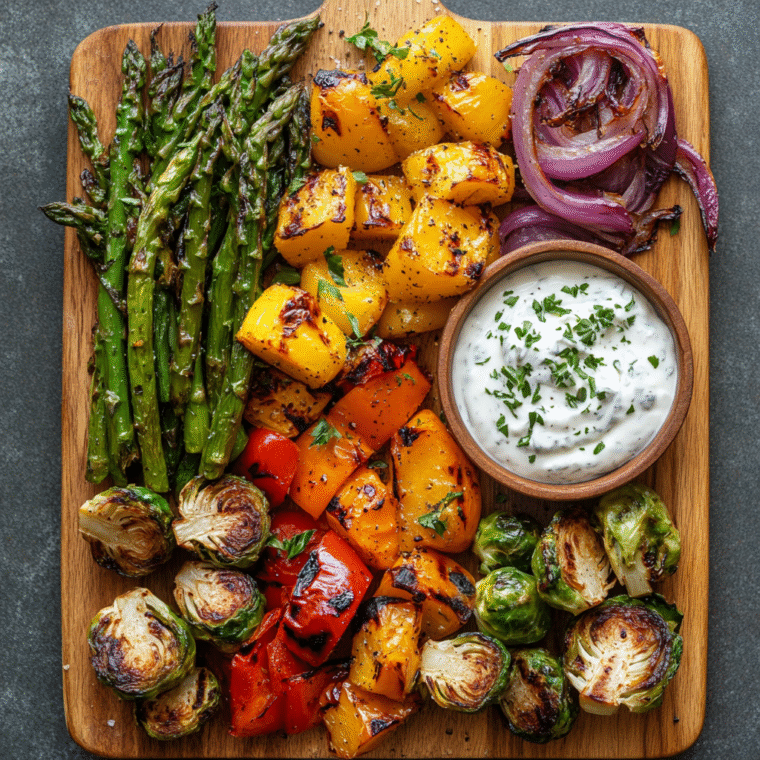A wooden board topped with roasted Brussels sprouts, asparagus, bell peppers, red onion, and a bowl of yogurt dip garnished with herbs.