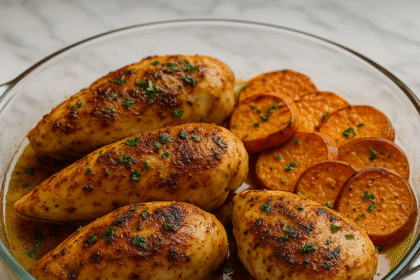 Roasted chicken breasts with cubed sweet potatoes in a glass dish, garnished with herbs