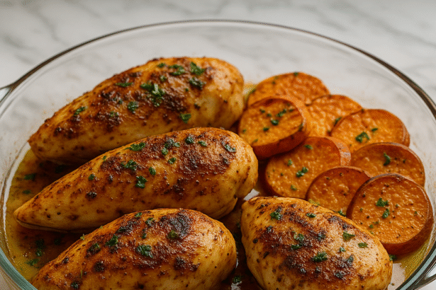 Roasted chicken breasts with cubed sweet potatoes in a glass dish, garnished with herbs