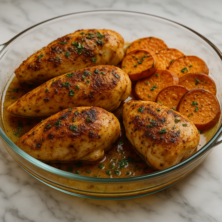 Roasted chicken breasts with cubed sweet potatoes in a glass dish, garnished with herbs