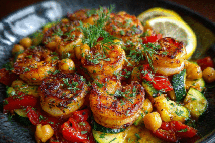 Roasted shrimp with chickpeas, bell pepper, zucchini on sheet pan