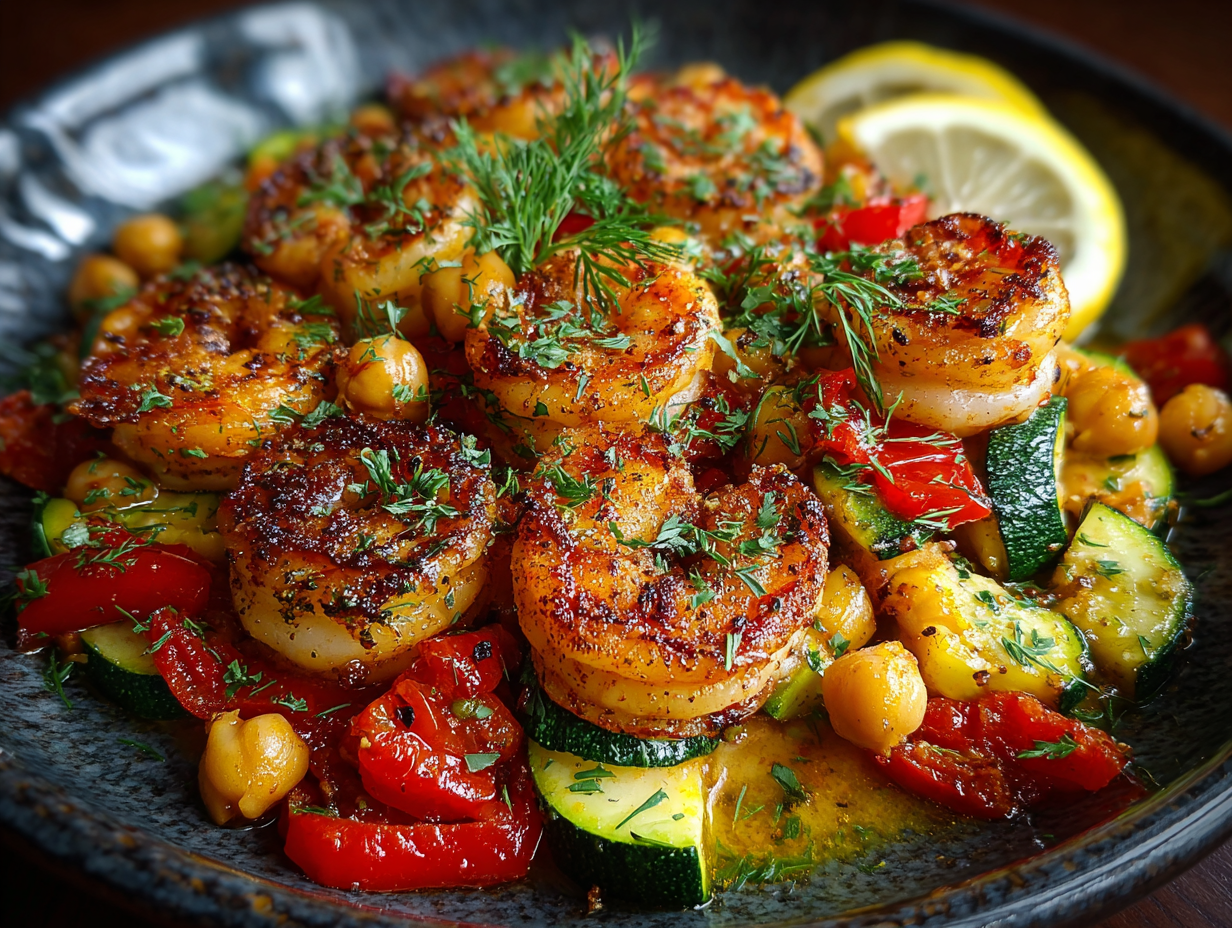 Roasted shrimp with chickpeas, bell pepper, zucchini on sheet pan