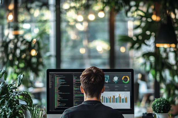 Person working on a computer with AI dashboards in a stylish, plant-filled office with natural light