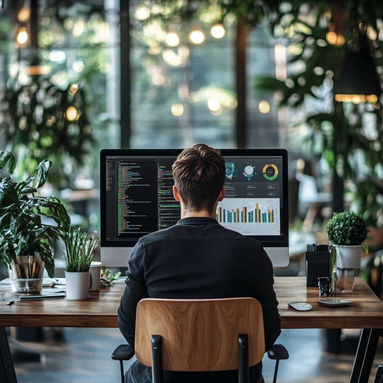 Person working on a computer with AI dashboards in a stylish, plant-filled office with natural light