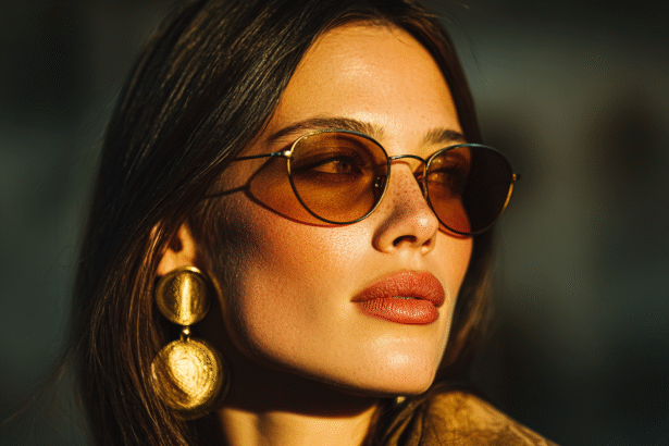 Woman wearing oversized round gold statement earrings and classic sunglasses, highlighting bold accessories styled with elegance