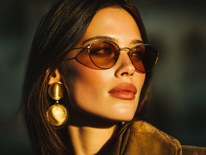 Woman wearing oversized round gold statement earrings and classic sunglasses, highlighting bold accessories styled with elegance