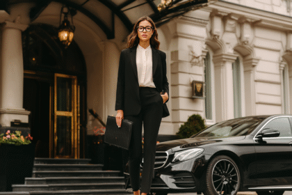 Woman wearing a tailored business suit with pointed heels and carrying an envelope clutch, standing confidently outside an elegant building