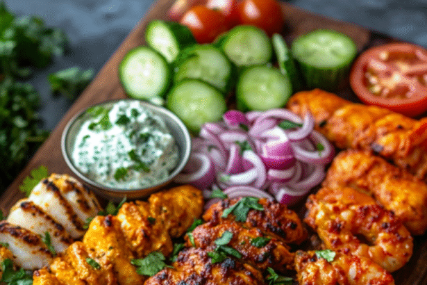 Indian charcuterie board with tandoori chicken, shrimp, cucumber, tomatoes, red onion, and yogurt dip