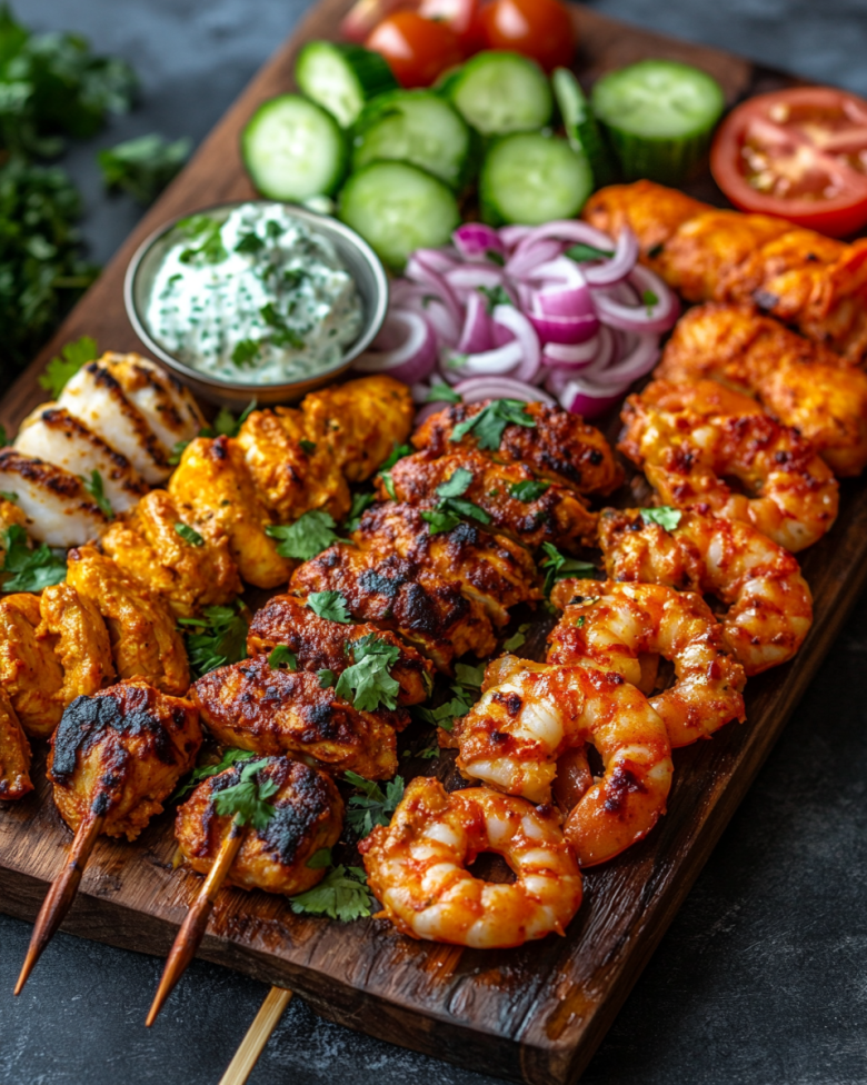 Indian charcuterie board with tandoori chicken, shrimp, cucumber, tomatoes, red onion, and yogurt dip