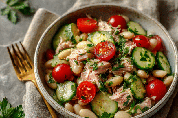 Bowl of tuna in water, white beans, cucumber, tomatoes, and fresh herbs