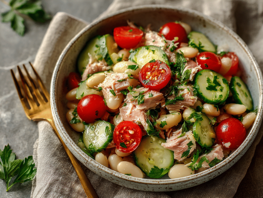 Bowl of tuna in water, white beans, cucumber, tomatoes, and fresh herbs