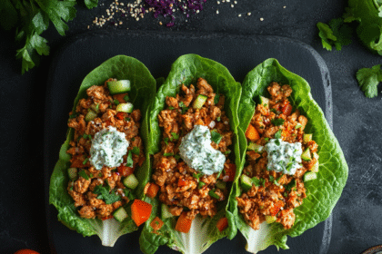 Three tuna lettuce wraps filled with seasoned tuna, chopped vegetables, and a dollop of herbed Greek yogurt, served on a dark slate platter.