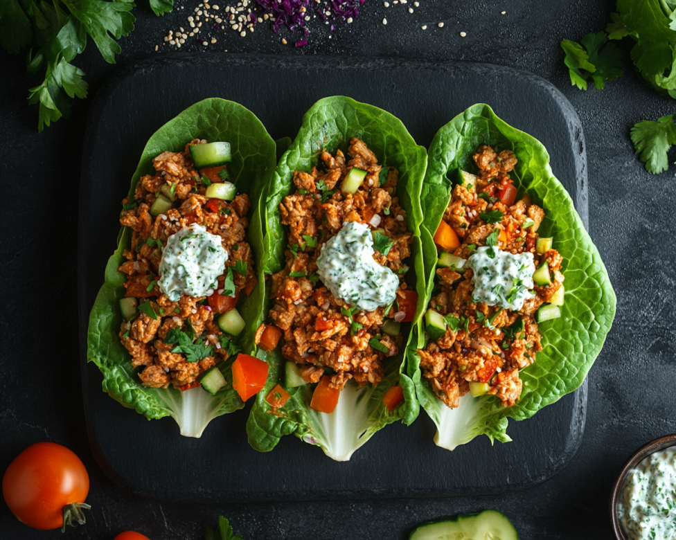 Three tuna lettuce wraps filled with seasoned tuna, chopped vegetables, and a dollop of herbed Greek yogurt, served on a dark slate platter.