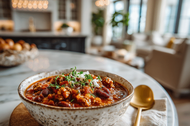 Hearty turkey chili with black beans, white beans, tomatoes, and herbs