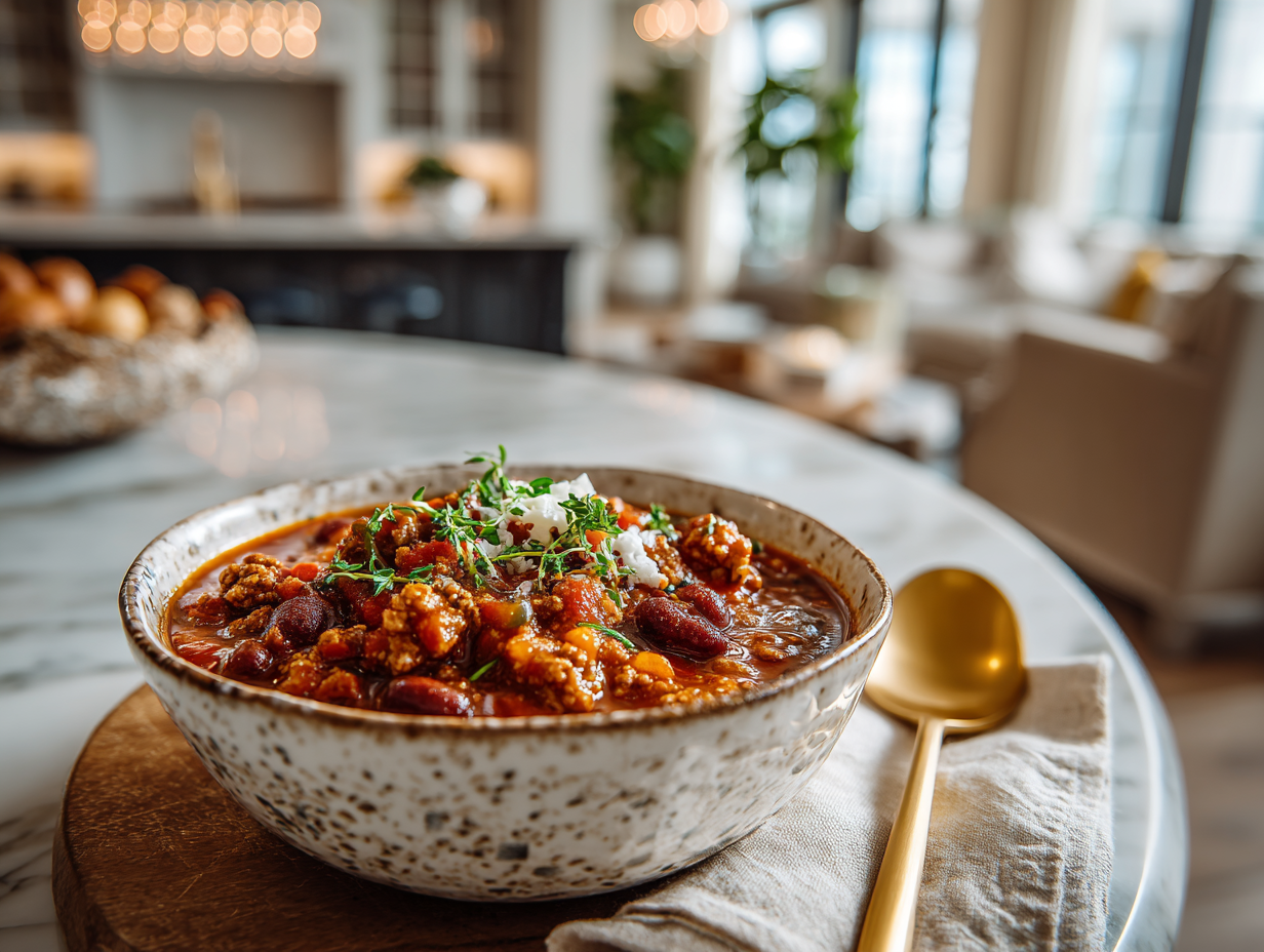 Hearty turkey chili with black beans, white beans, tomatoes, and herbs