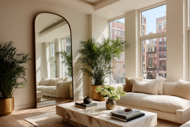Elegant living room featuring a gold-framed mirror and lush indoor plants representing the Feng Shui wealth corner.