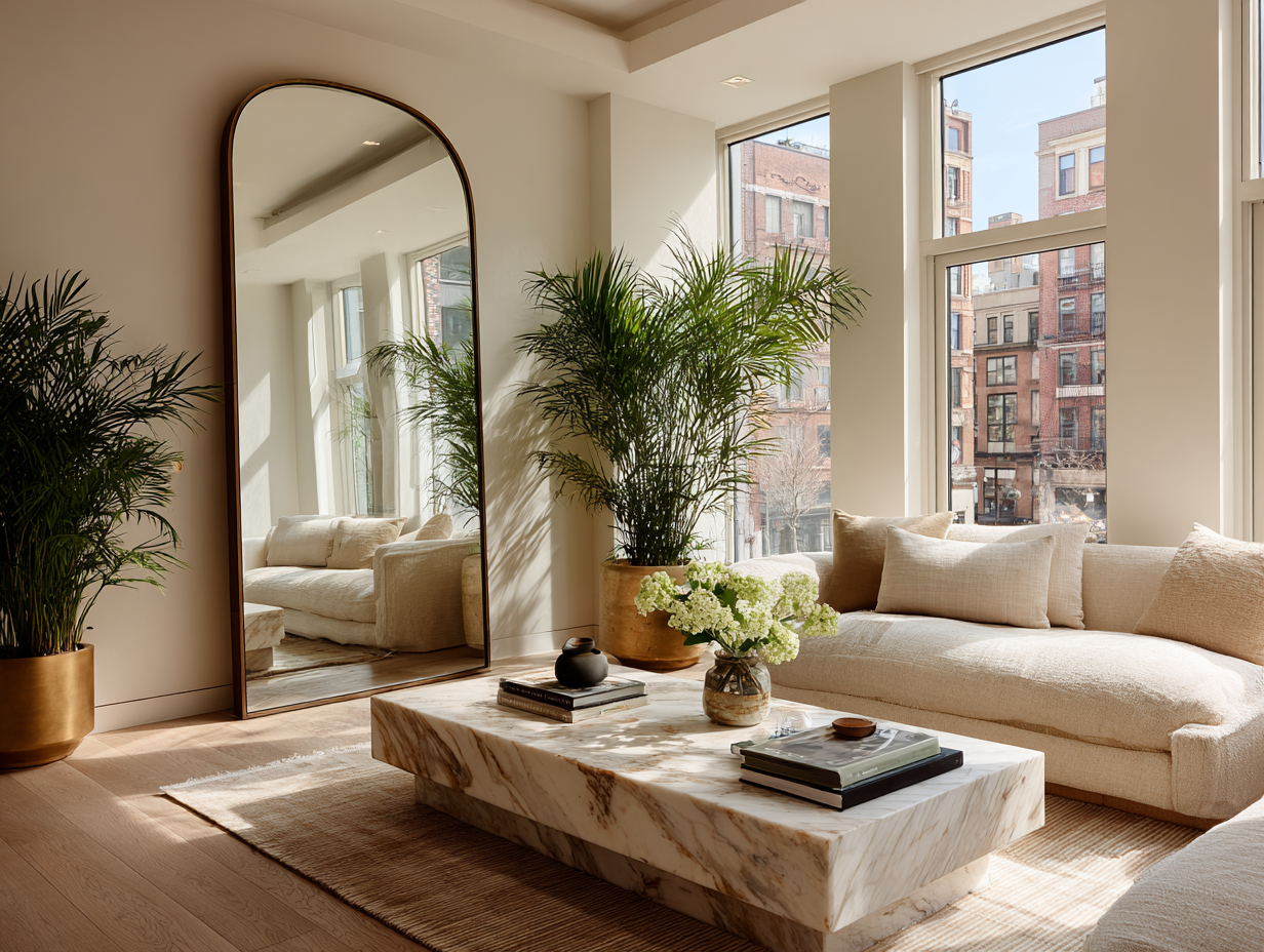 Elegant living room featuring a gold-framed mirror and lush indoor plants representing the Feng Shui wealth corner.